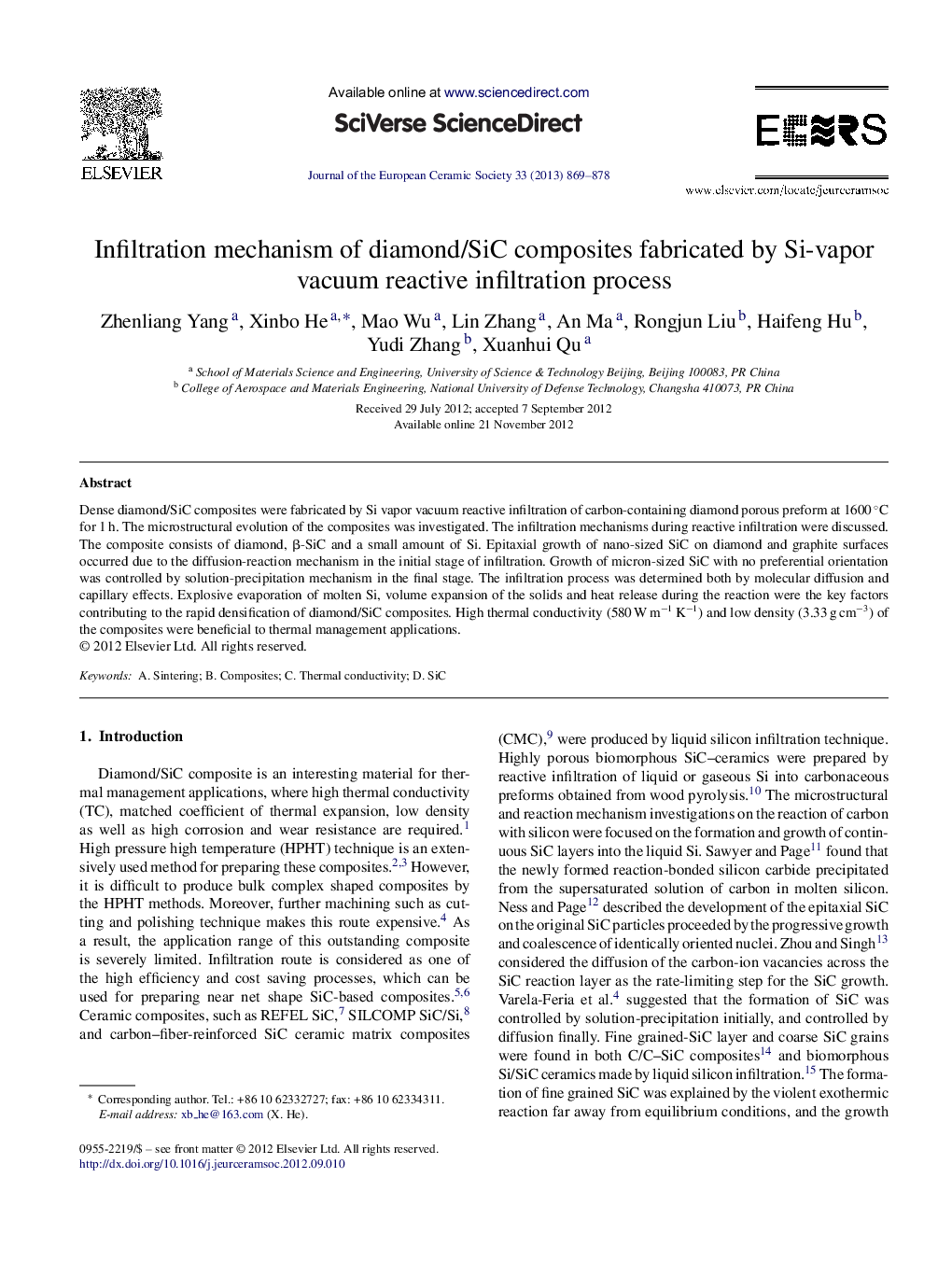 Infiltration mechanism of diamond/SiC composites fabricated by Si-vapor vacuum reactive infiltration process