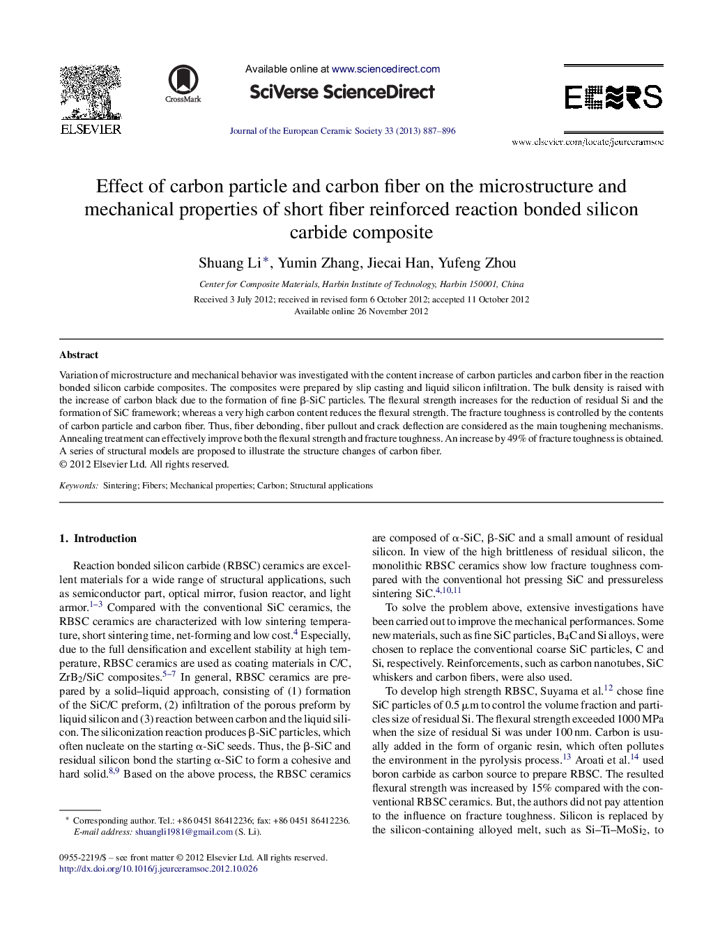 Effect of carbon particle and carbon fiber on the microstructure and mechanical properties of short fiber reinforced reaction bonded silicon carbide composite