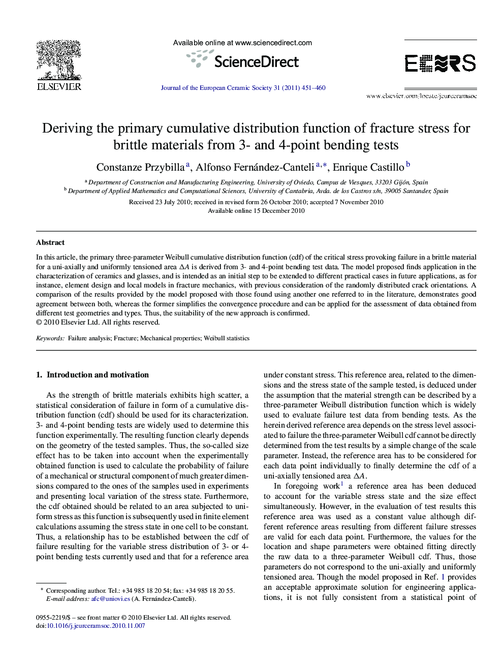 Deriving the primary cumulative distribution function of fracture stress for brittle materials from 3- and 4-point bending tests