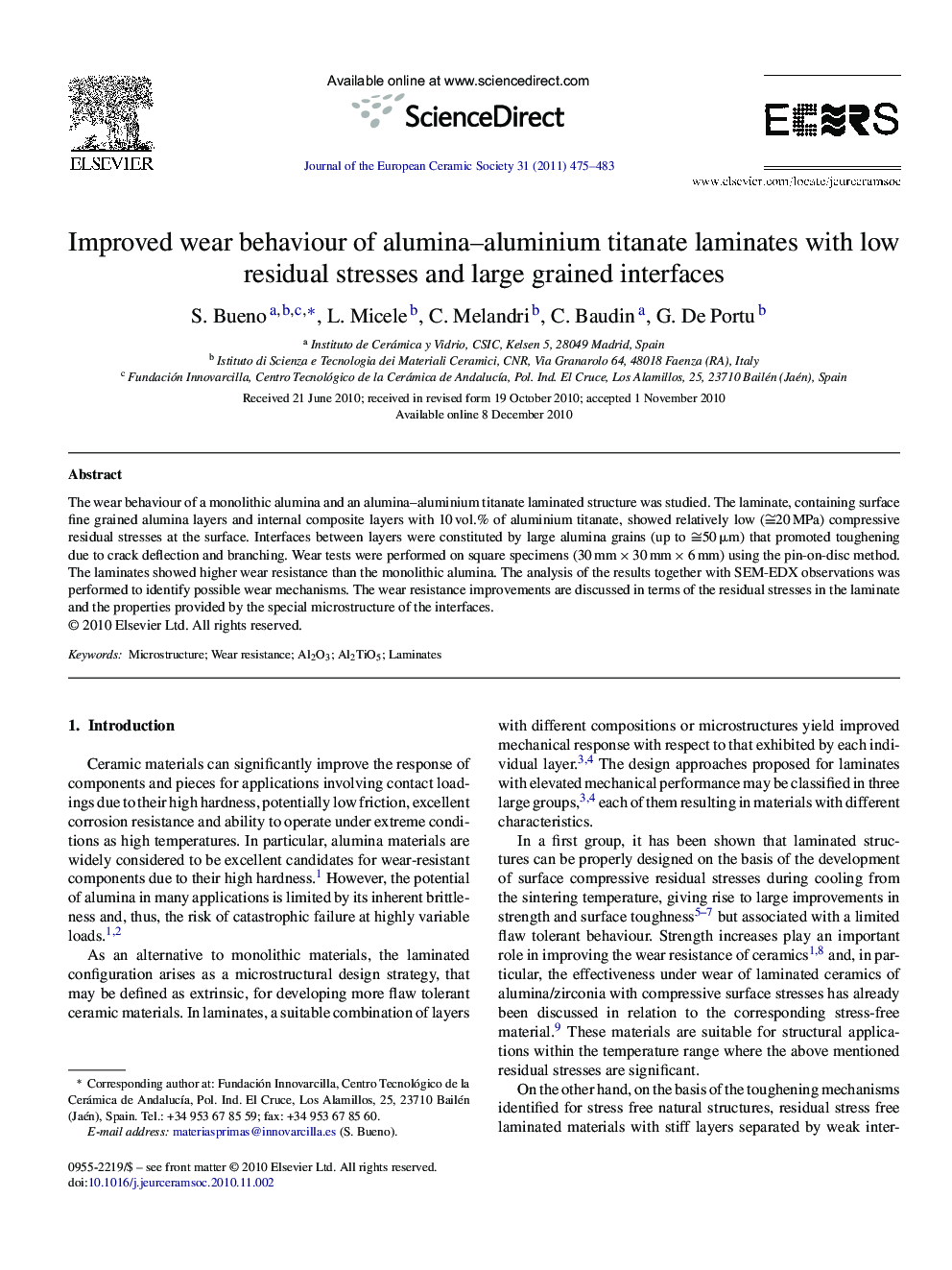 Improved wear behaviour of alumina–aluminium titanate laminates with low residual stresses and large grained interfaces