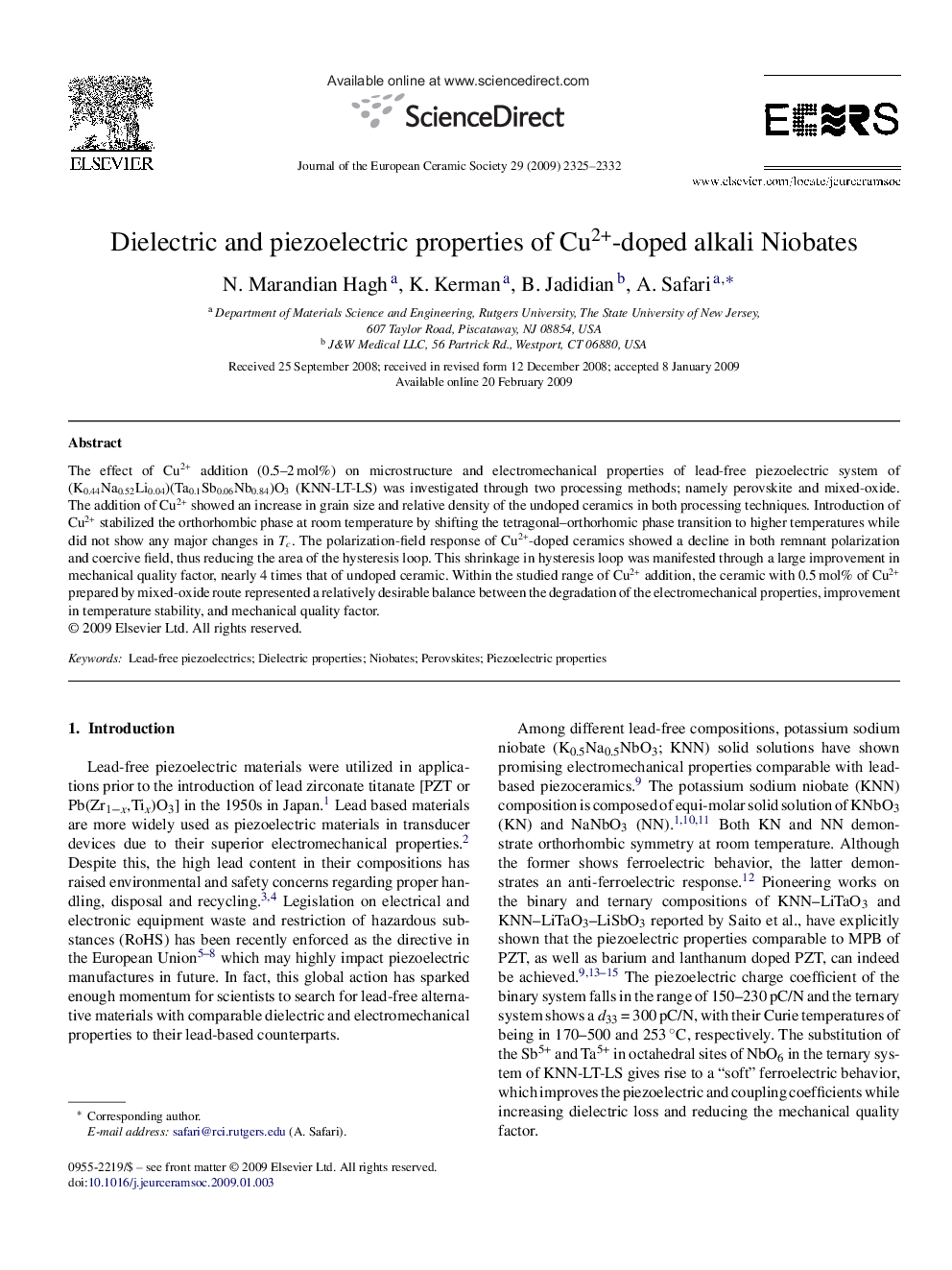 Dielectric and piezoelectric properties of Cu2+-doped alkali Niobates