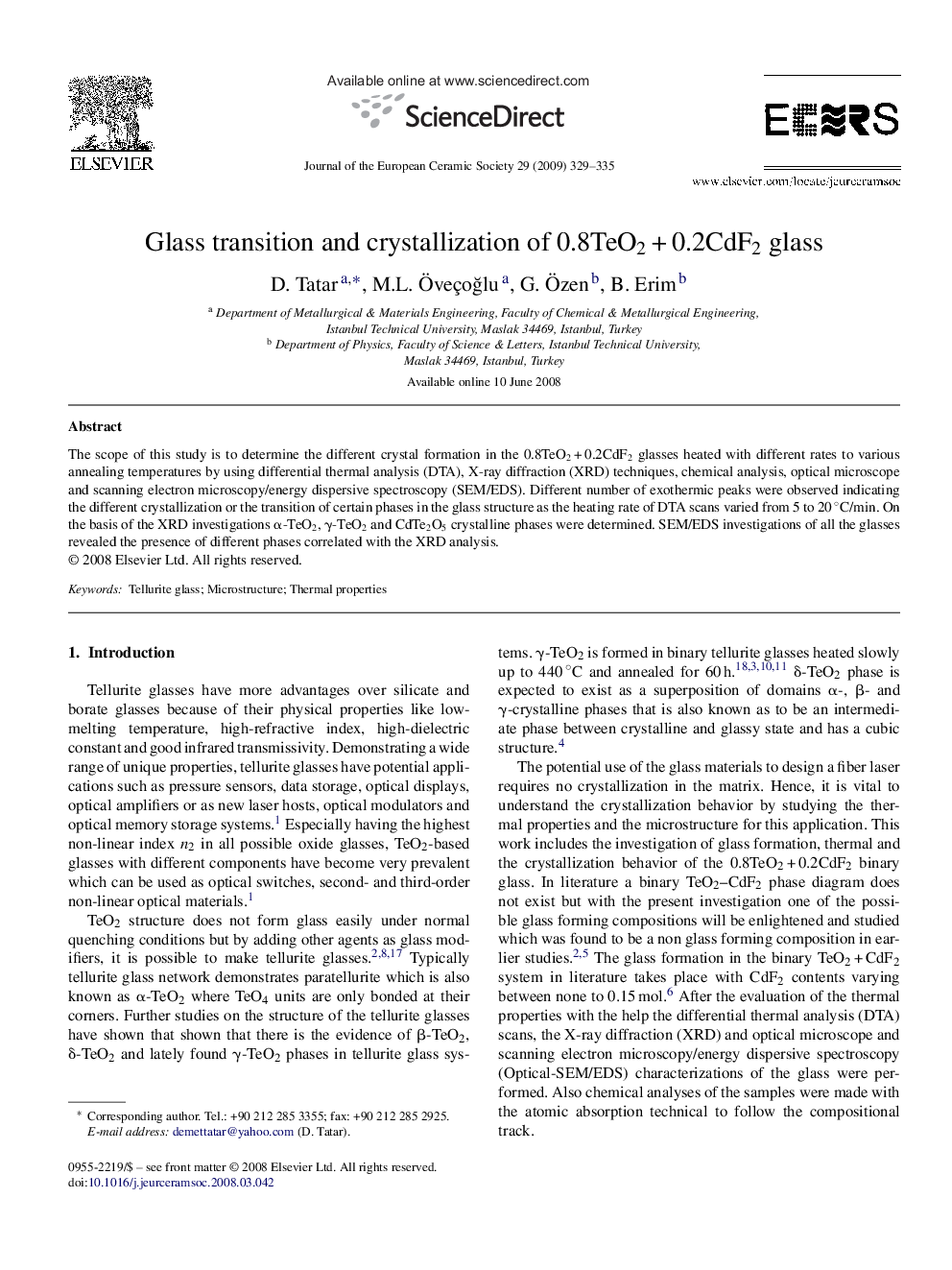 Glass transition and crystallization of 0.8TeO2 + 0.2CdF2 glass