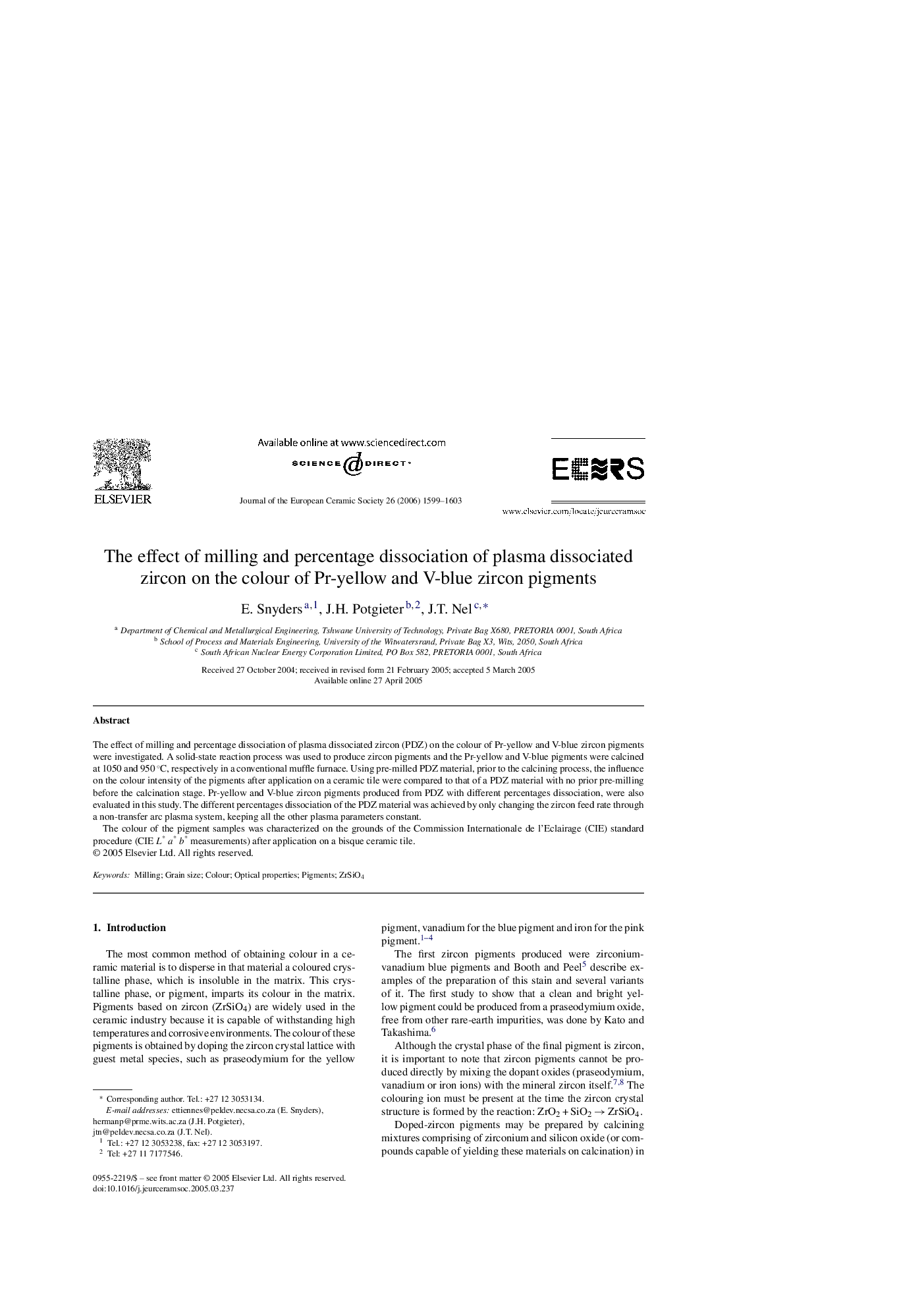 The effect of milling and percentage dissociation of plasma dissociated zircon on the colour of Pr-yellow and V-blue zircon pigments