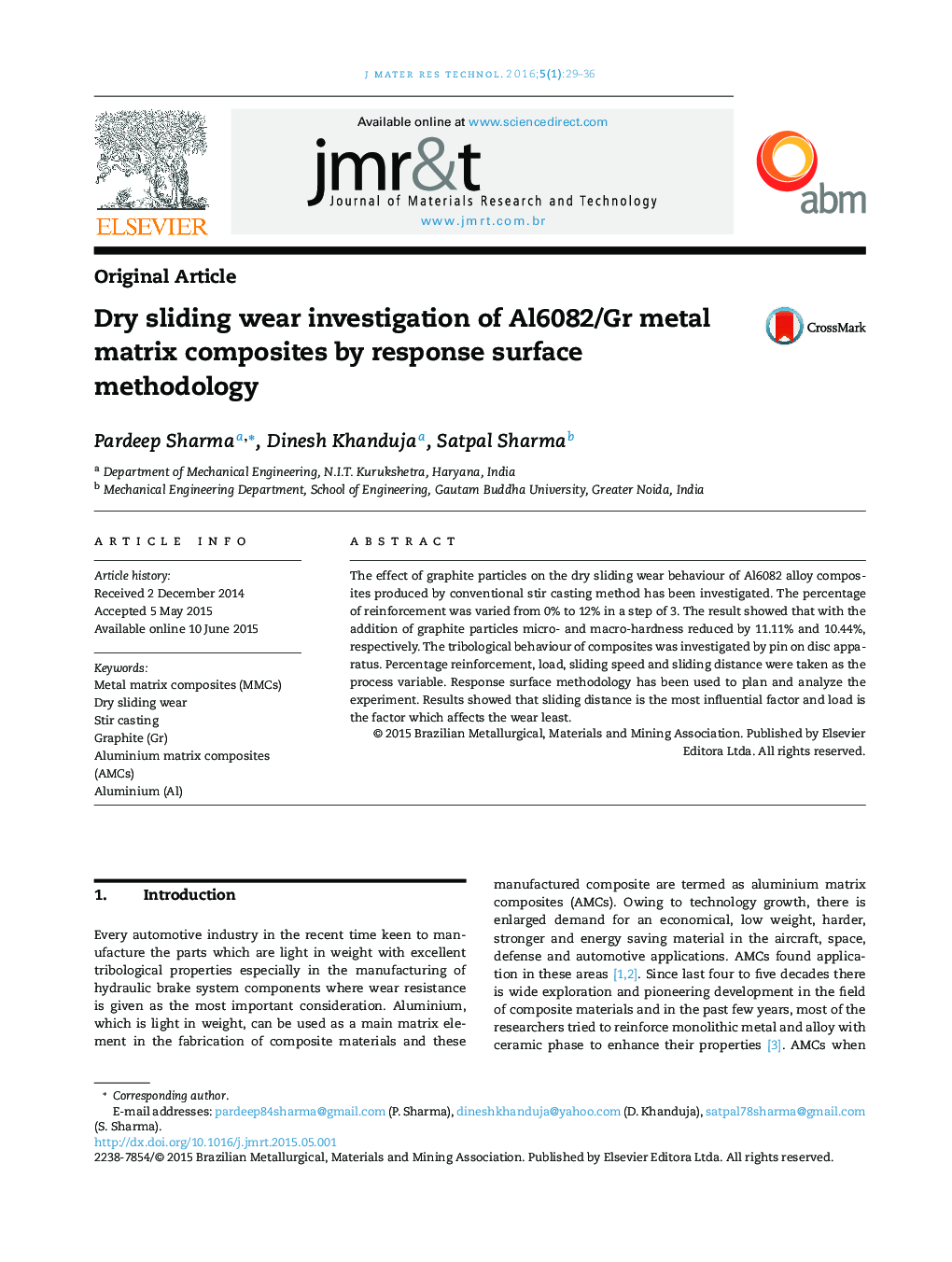 Dry sliding wear investigation of Al6082/Gr metal matrix composites by response surface methodology