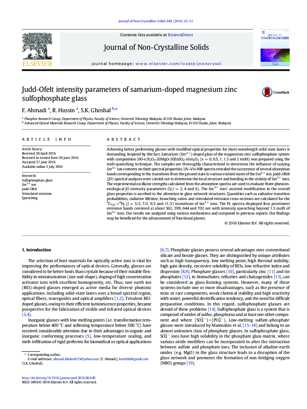 Judd-Ofelt intensity parameters of samarium-doped magnesium zinc sulfophosphate glass