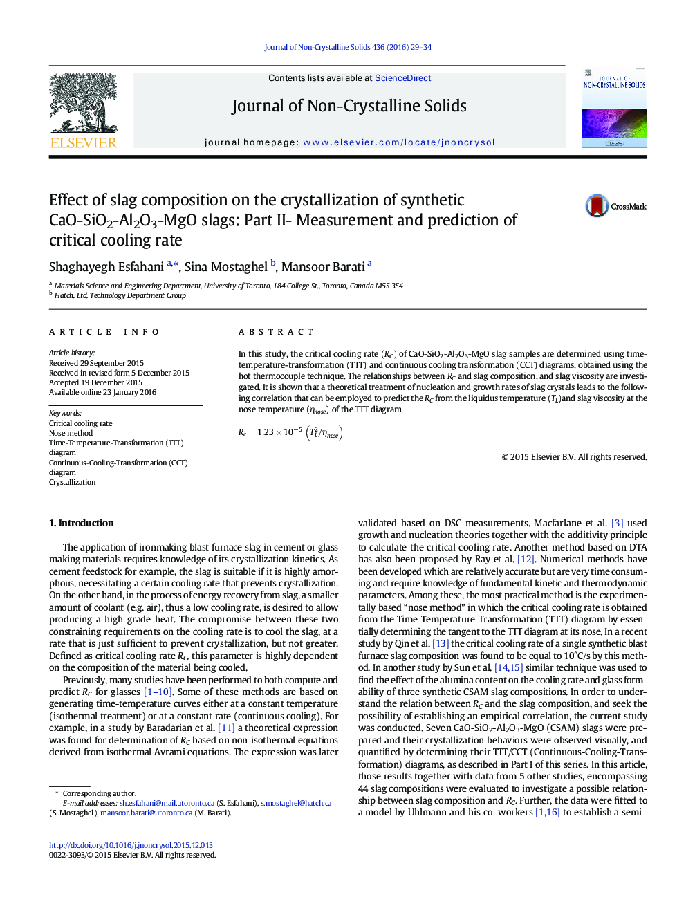 Effect of slag composition on the crystallization of synthetic CaO-SiO2-Al2O3-MgO slags: Part II- Measurement and prediction of critical cooling rate