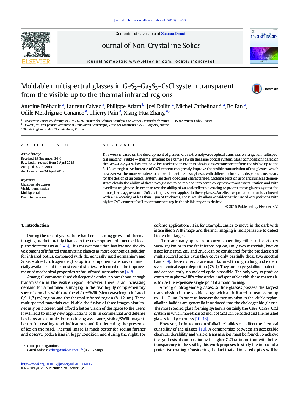 Moldable multispectral glasses in GeS2–Ga2S3–CsCl system transparent from the visible up to the thermal infrared regions