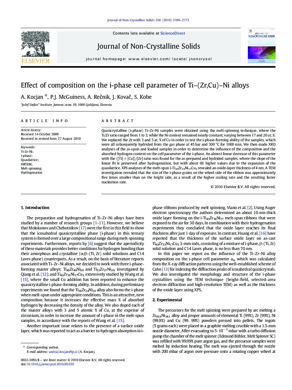 Effect of composition on the i-phase cell parameter of Ti–(Zr,Cu)–Ni alloys