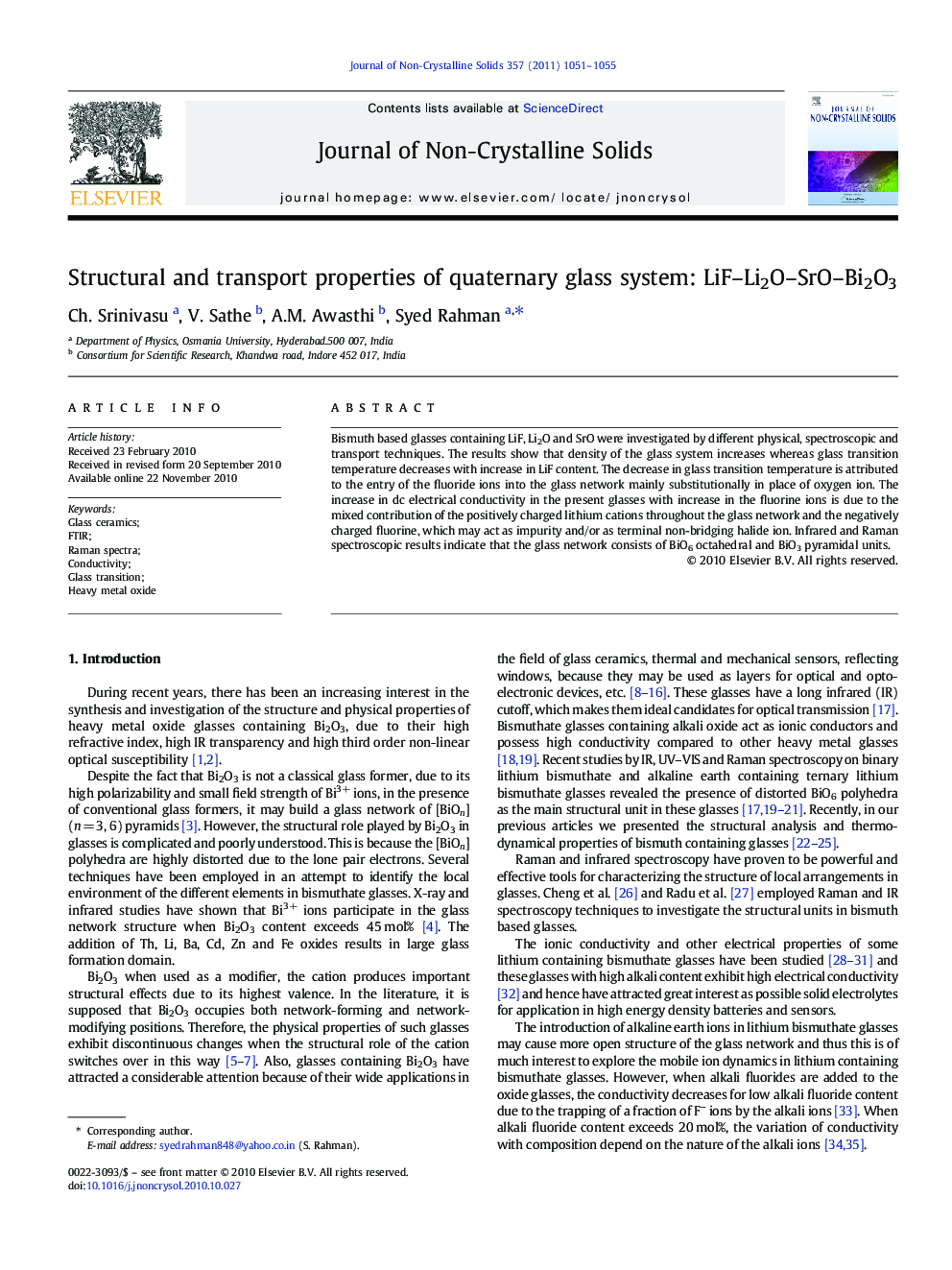 Structural and transport properties of quaternary glass system: LiF–Li2O–SrO–Bi2O3