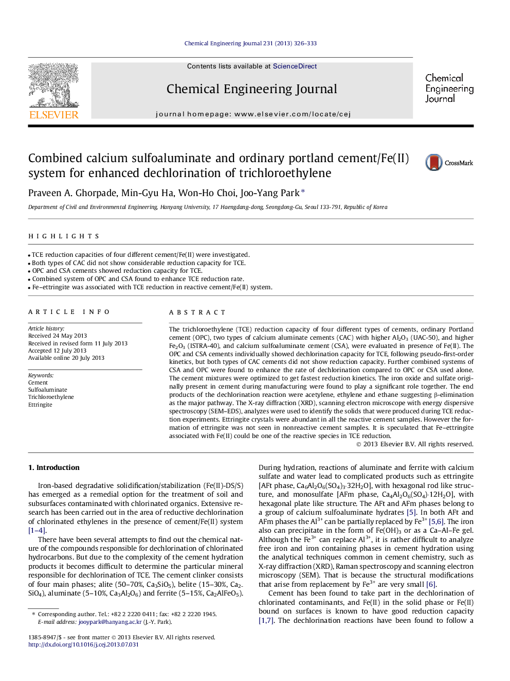 Combined calcium sulfoaluminate and ordinary portland cement/Fe(II) system for enhanced dechlorination of trichloroethylene