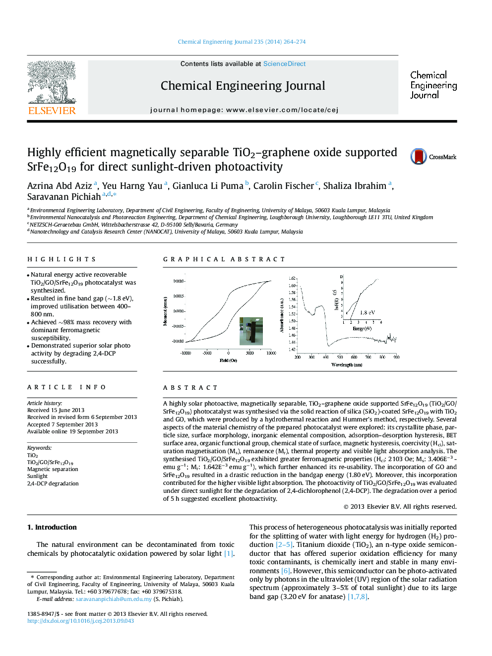 Highly efficient magnetically separable TiO2–graphene oxide supported SrFe12O19 for direct sunlight-driven photoactivity