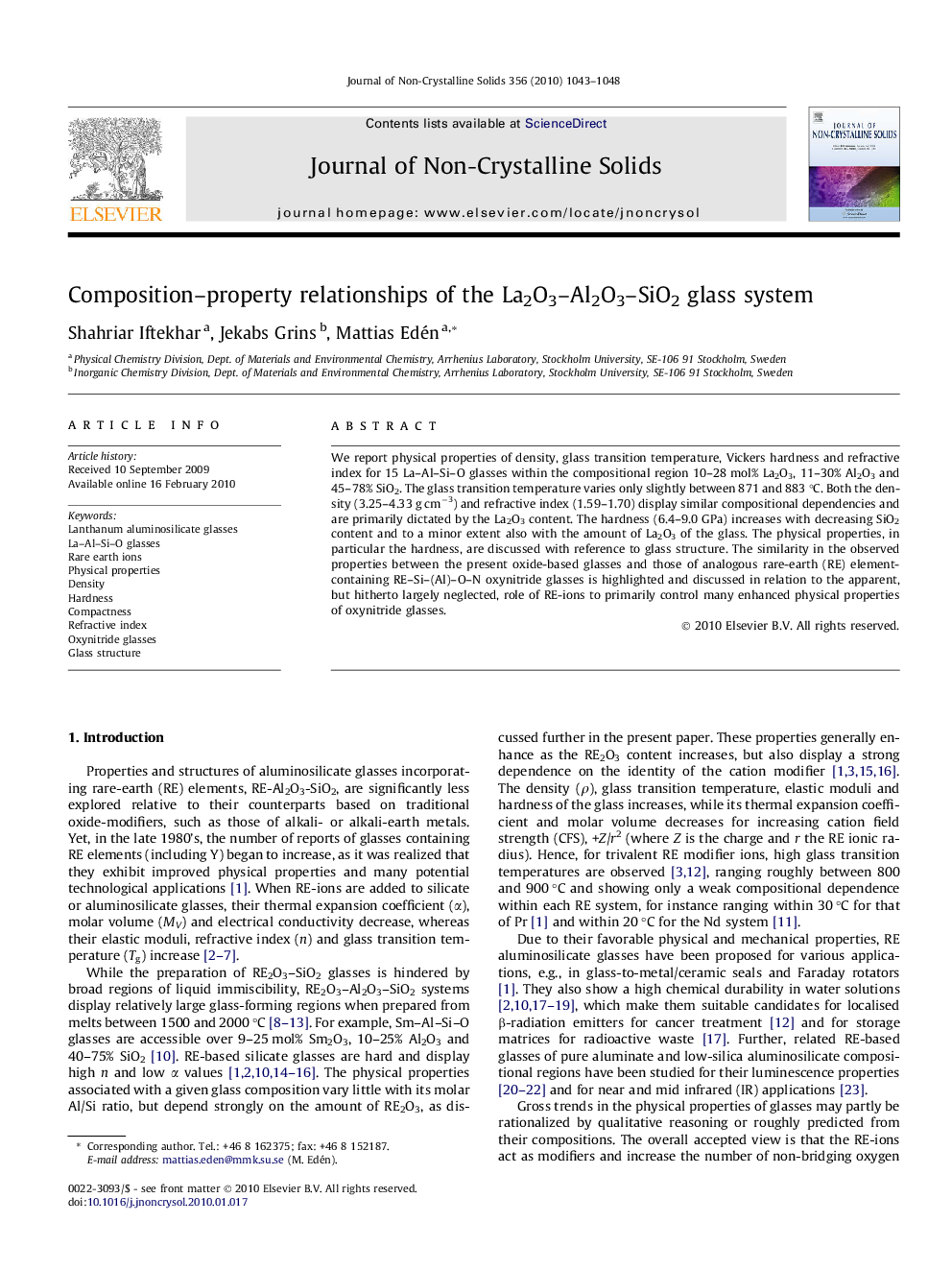 Composition–property relationships of the La2O3–Al2O3–SiO2 glass system