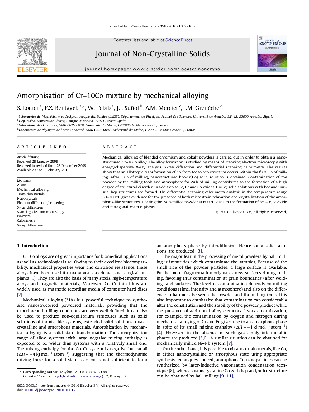 Amorphisation of Cr–10Co mixture by mechanical alloying