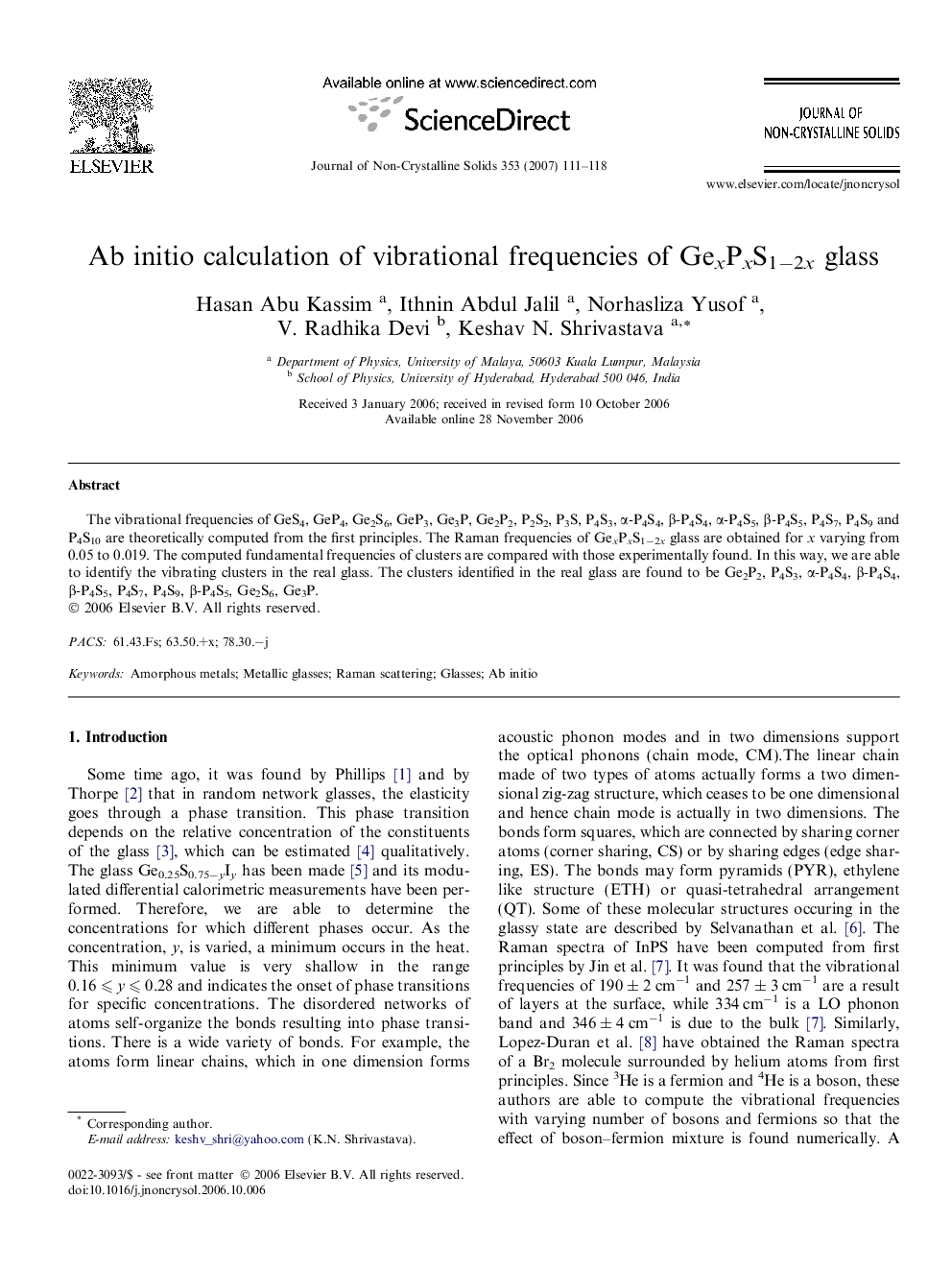 Ab initio calculation of vibrational frequencies of GexPxS1â2x glass