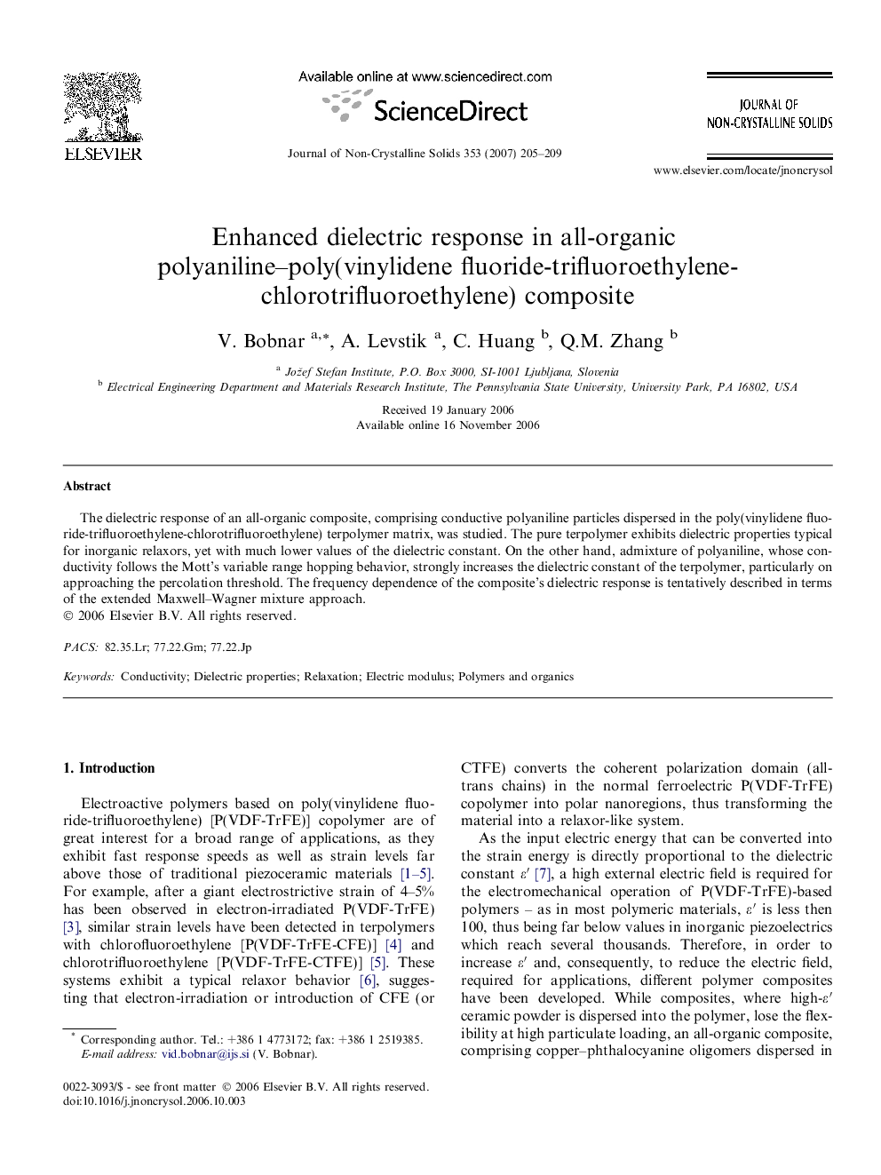 Enhanced dielectric response in all-organic polyaniline–poly(vinylidene fluoride-trifluoroethylene-chlorotrifluoroethylene) composite
