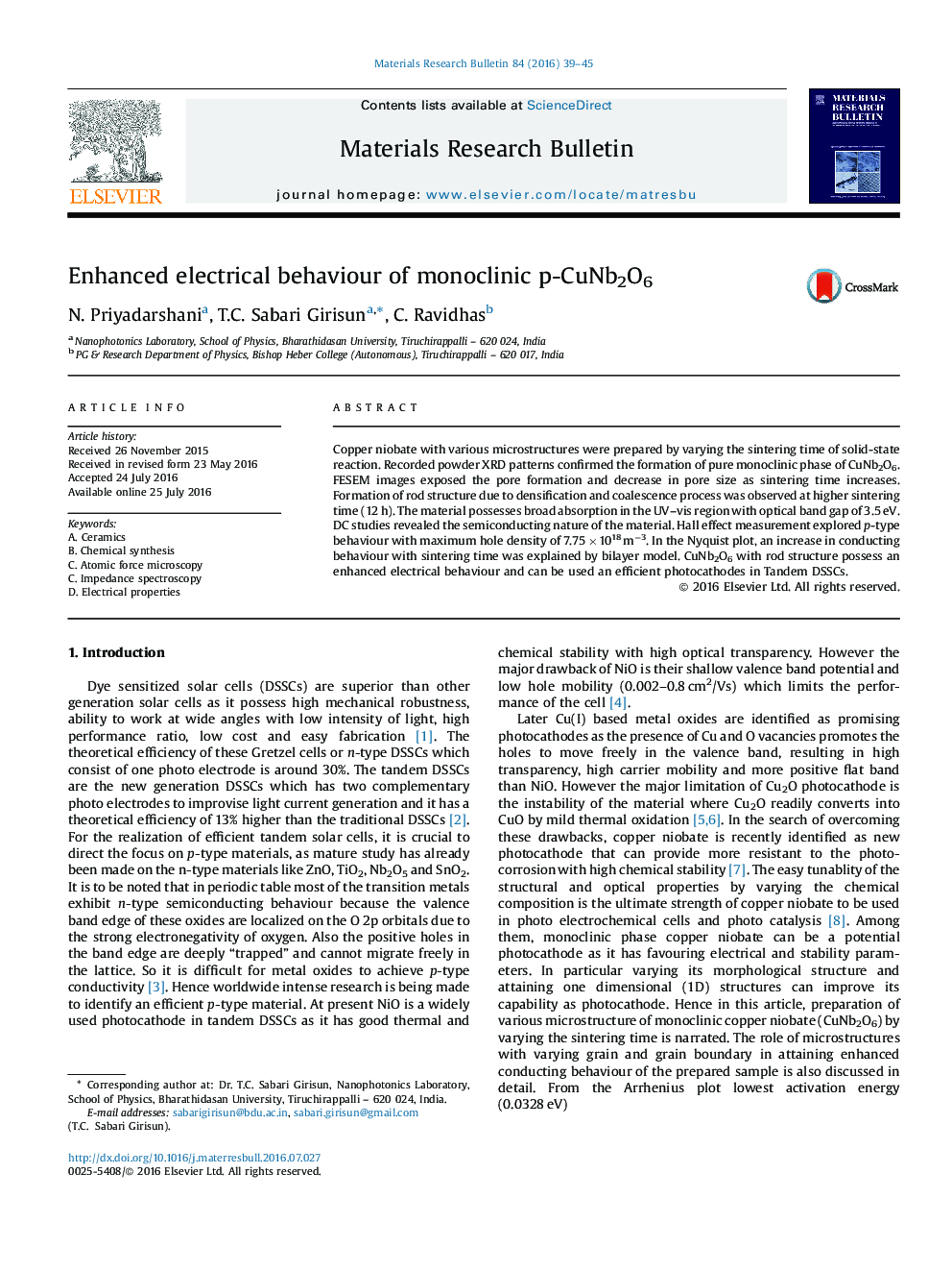 Enhanced electrical behaviour of monoclinic p-CuNb2O6