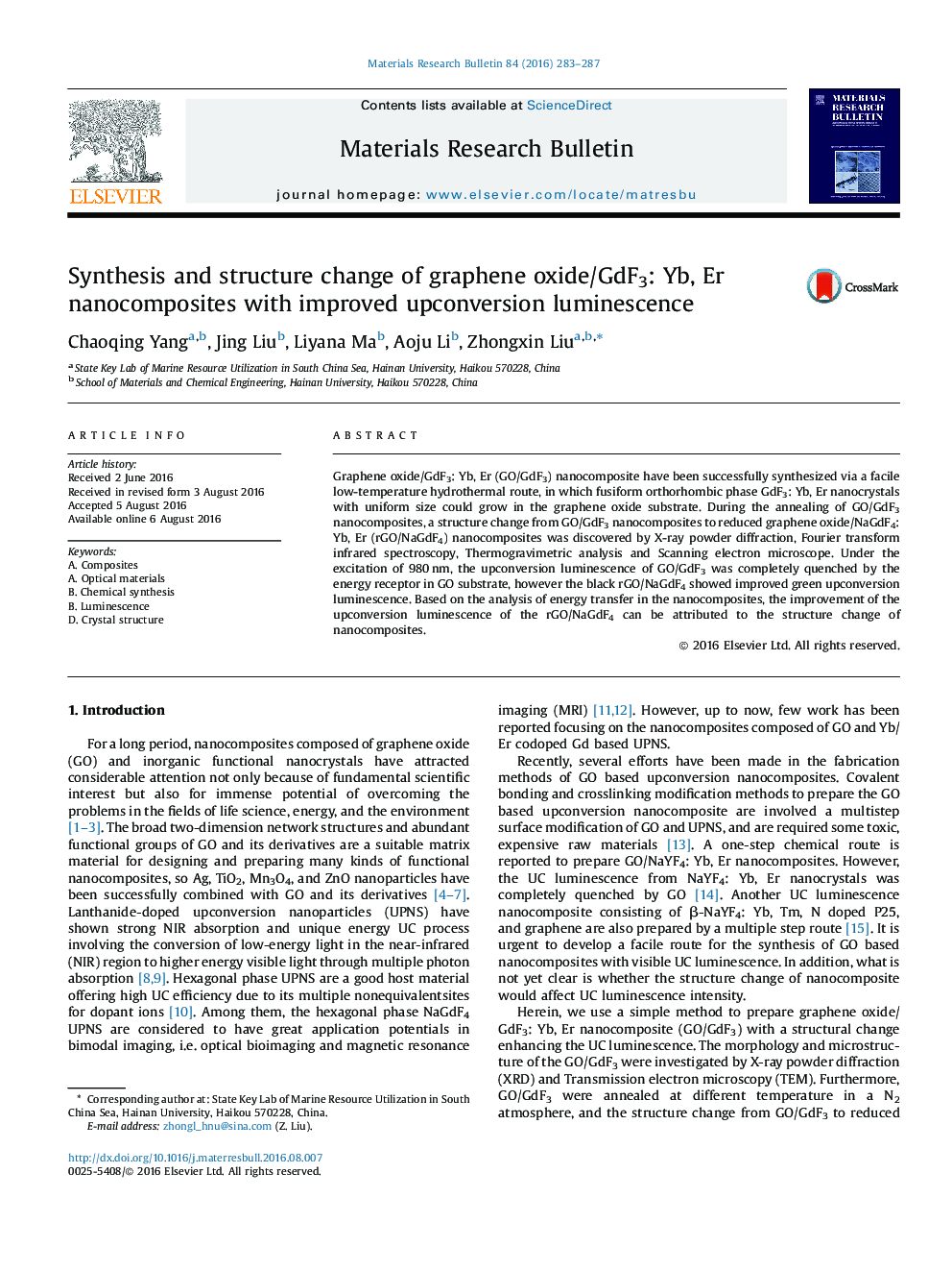 Synthesis and structure change of graphene oxide/GdF3: Yb, Er nanocomposites with improved upconversion luminescence