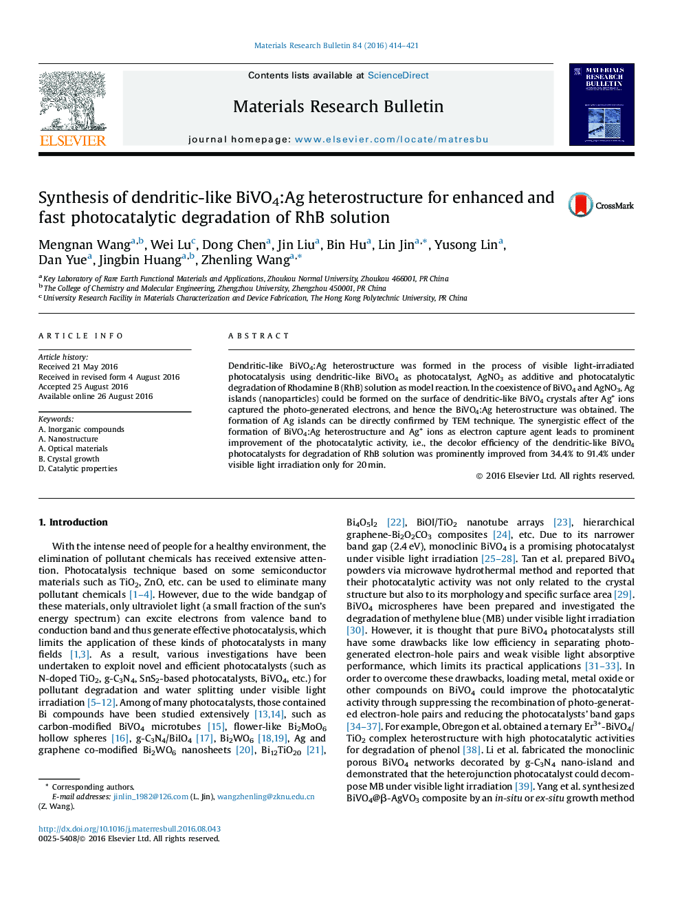 Synthesis of dendritic-like BiVO4:Ag heterostructure for enhanced and fast photocatalytic degradation of RhB solution