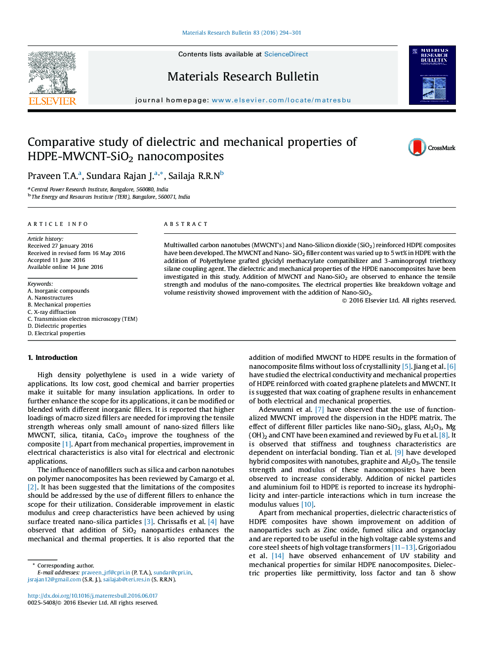 Comparative study of dielectric and mechanical properties of HDPE-MWCNT-SiO2 nanocomposites