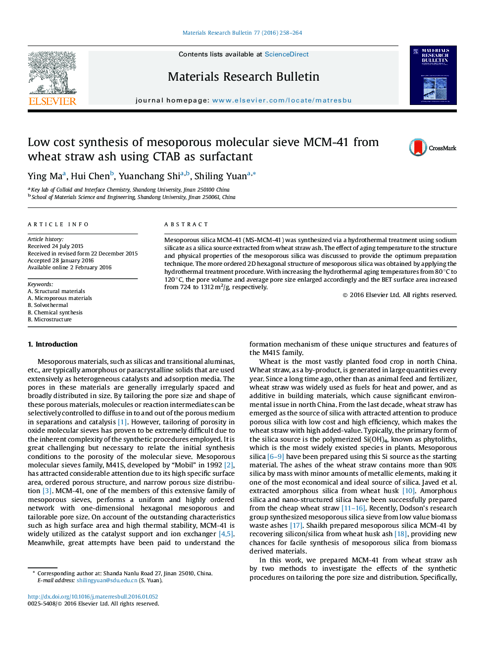 Low cost synthesis of mesoporous molecular sieve MCM-41 from wheat straw ash using CTAB as surfactant