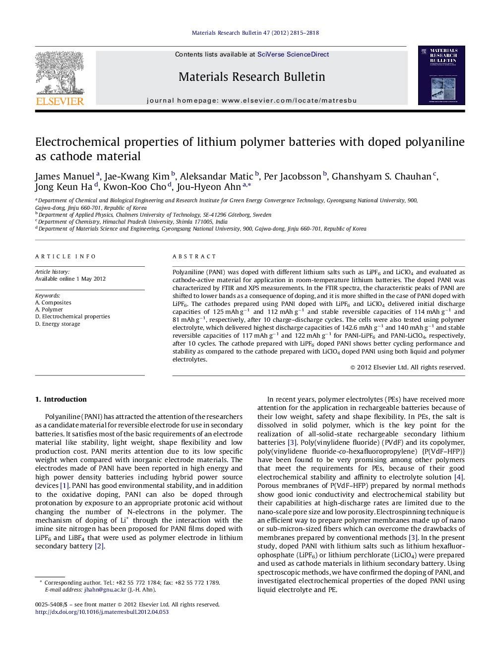 Electrochemical properties of lithium polymer batteries with doped polyaniline as cathode material