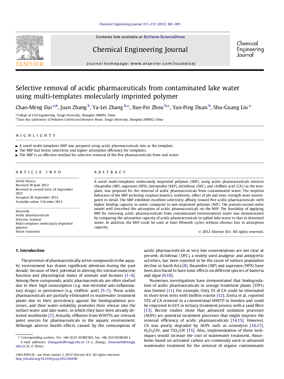 Selective removal of acidic pharmaceuticals from contaminated lake water using multi-templates molecularly imprinted polymer