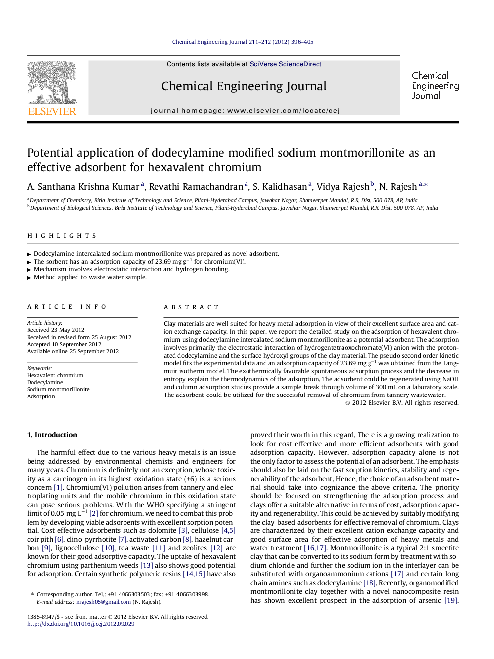 Potential application of dodecylamine modified sodium montmorillonite as an effective adsorbent for hexavalent chromium