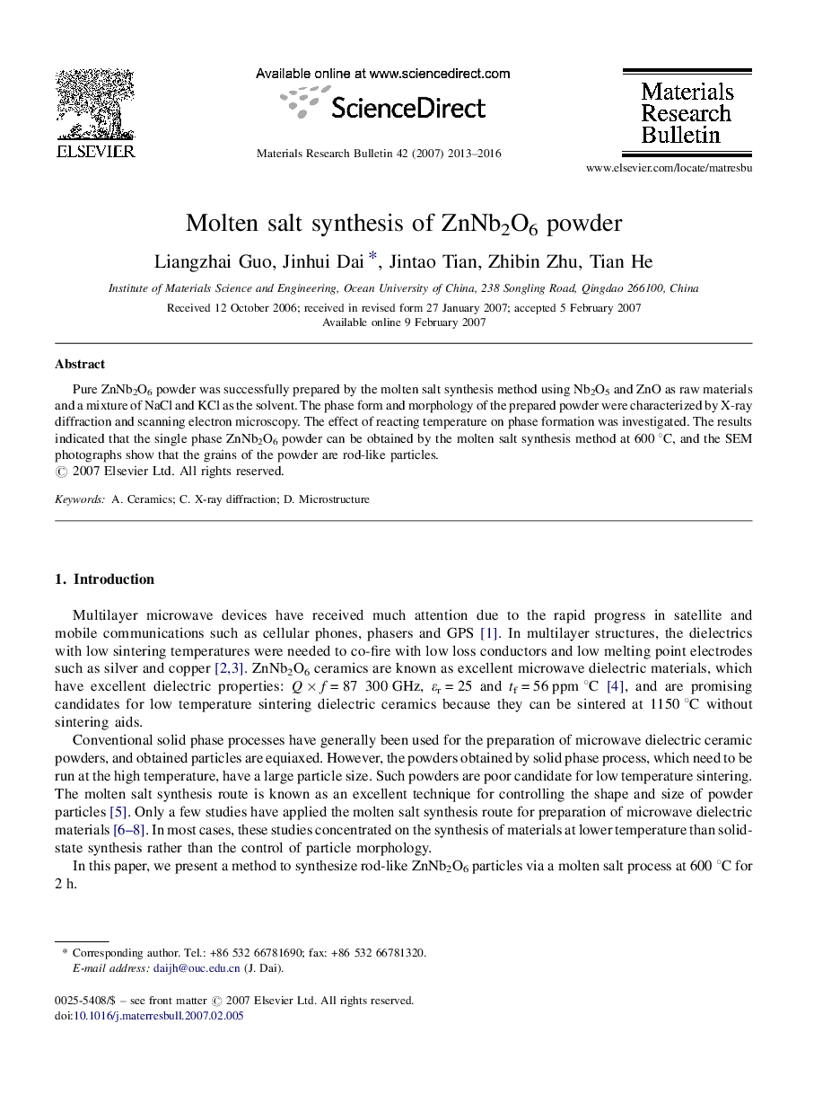 Molten salt synthesis of ZnNb2O6 powder