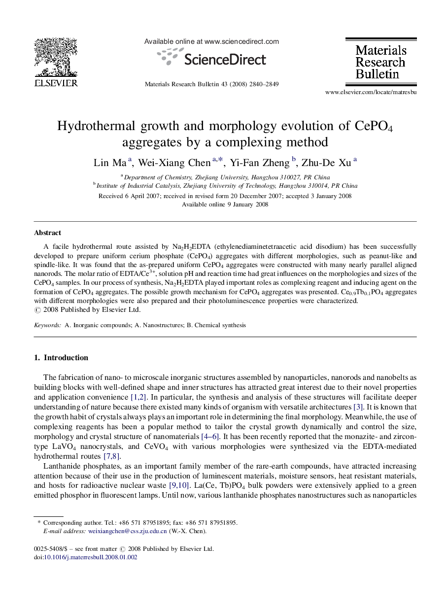 Hydrothermal growth and morphology evolution of CePO4 aggregates by a complexing method