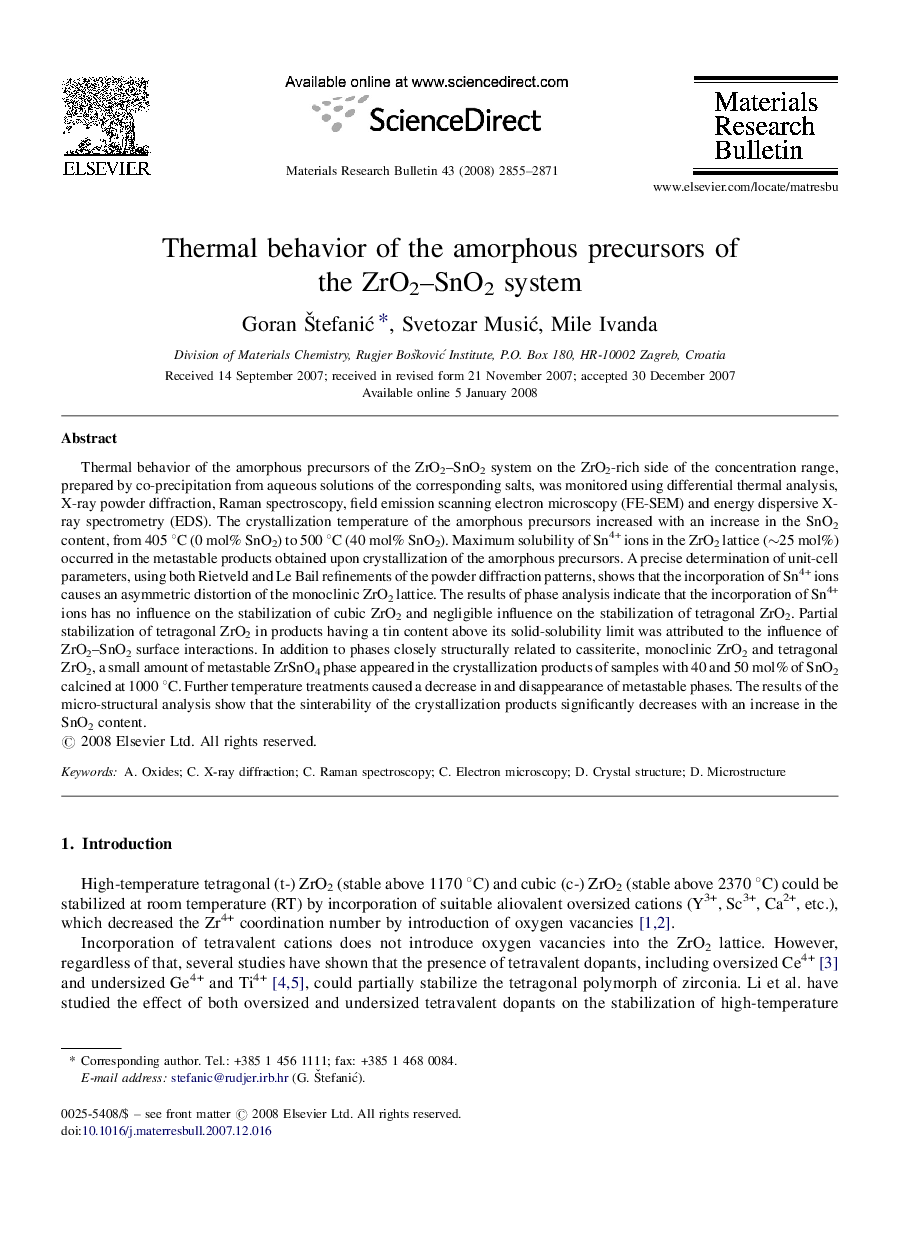 Thermal behavior of the amorphous precursors of the ZrO2–SnO2 system
