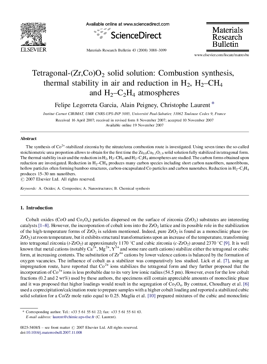 Tetragonal-(Zr,Co)O2 solid solution: Combustion synthesis, thermal stability in air and reduction in H2, H2–CH4 and H2–C2H4 atmospheres