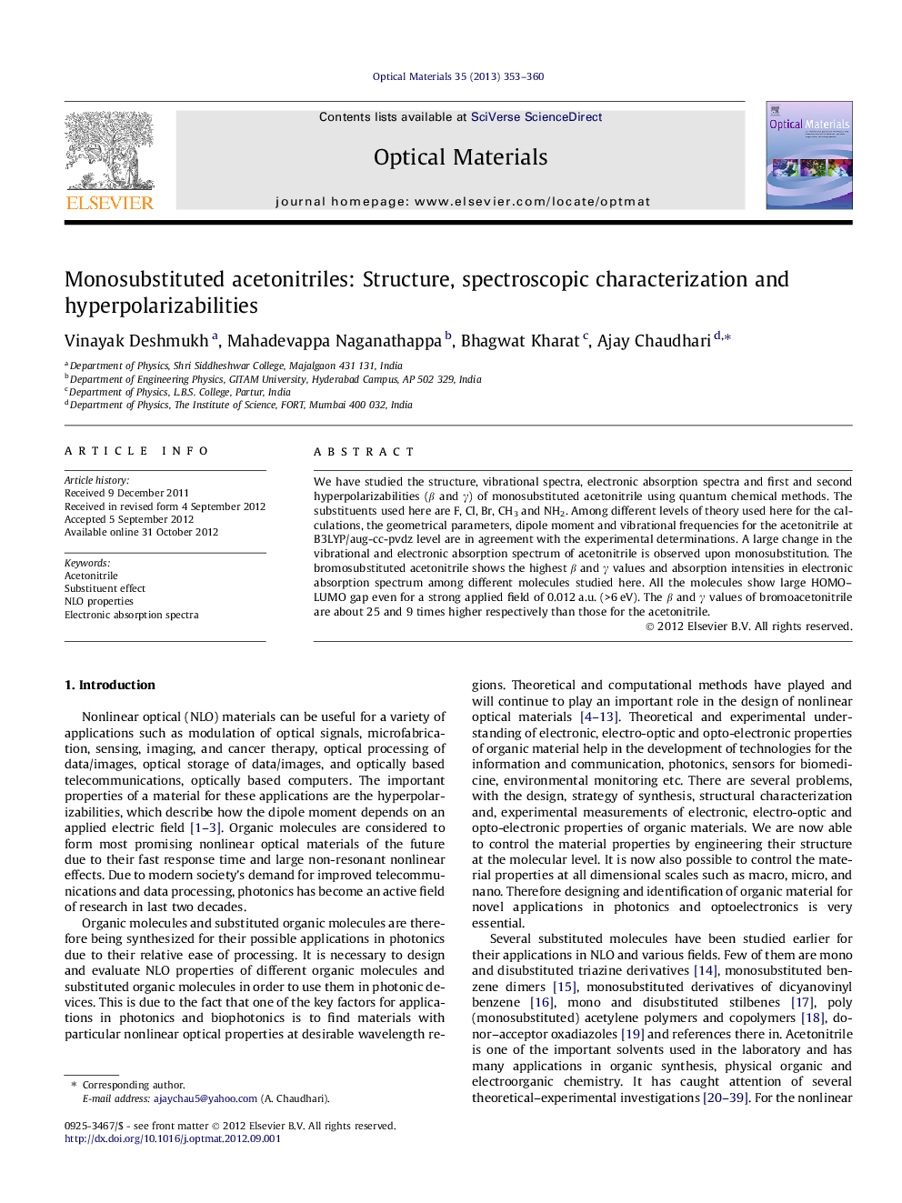 Monosubstituted acetonitriles: Structure, spectroscopic characterization and hyperpolarizabilities