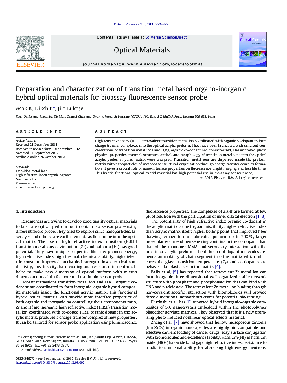 Preparation and characterization of transition metal based organo-inorganic hybrid optical materials for bioassay fluorescence sensor probe
