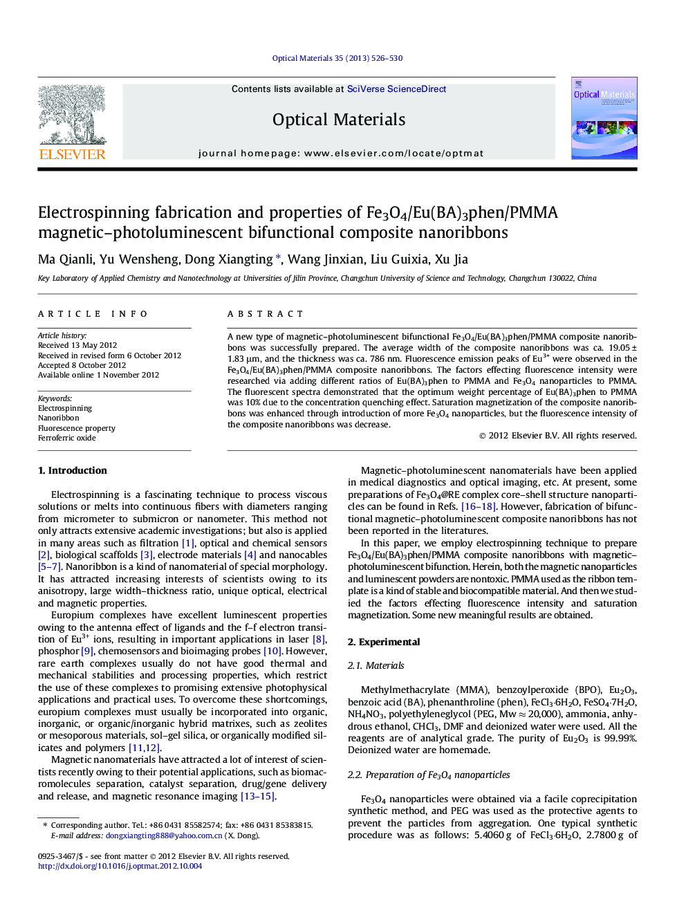 Electrospinning fabrication and properties of Fe3O4/Eu(BA)3phen/PMMA magnetic–photoluminescent bifunctional composite nanoribbons