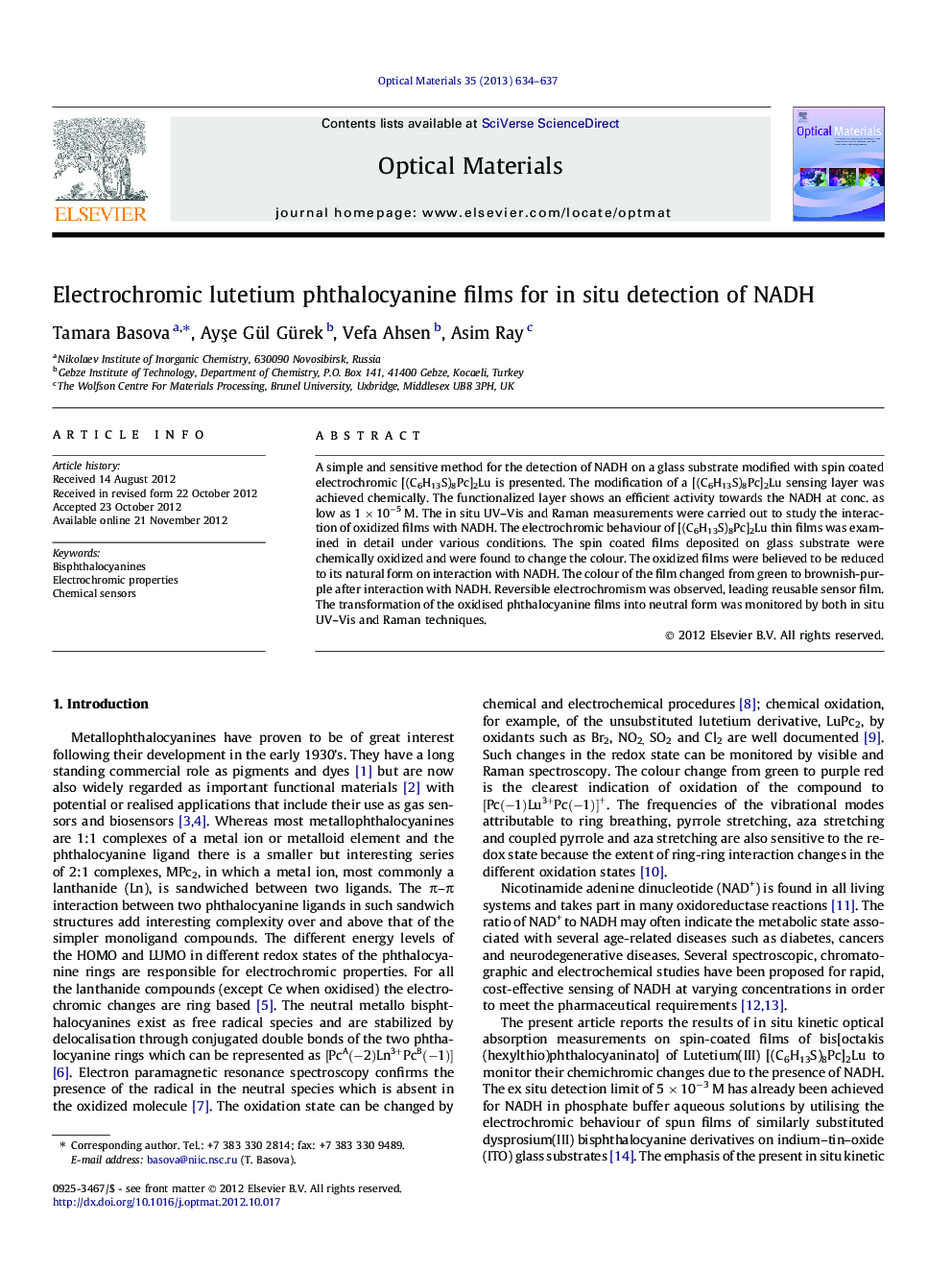 Electrochromic lutetium phthalocyanine films for in situ detection of NADH