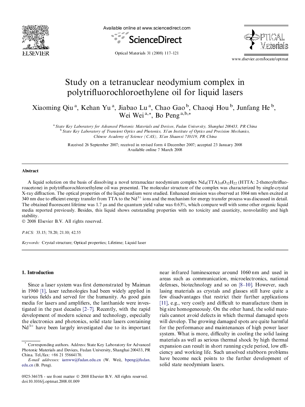 Study on a tetranuclear neodymium complex in polytrifluorochloroethylene oil for liquid lasers