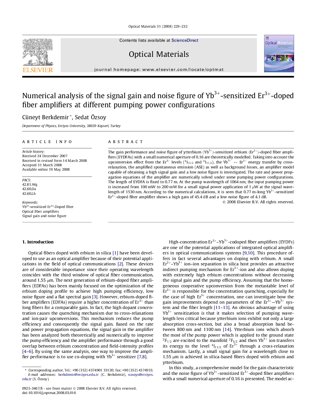 Numerical analysis of the signal gain and noise figure of Yb3+Yb3+-sensitized Er3+Er3+-doped fiber amplifiers at different pumping power configurations