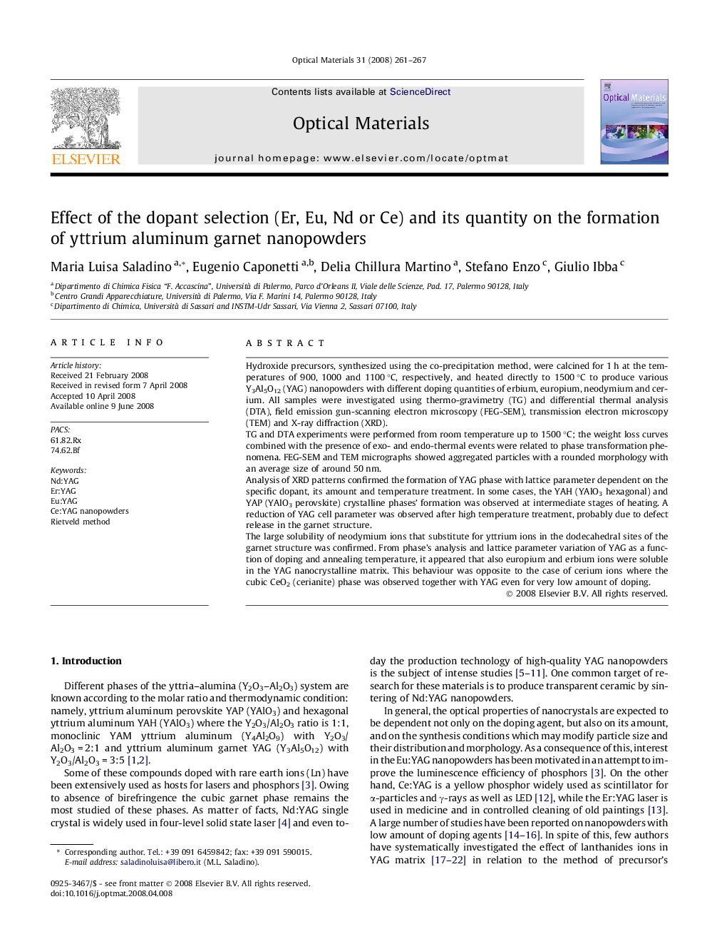 Effect of the dopant selection (Er, Eu, Nd or Ce) and its quantity on the formation of yttrium aluminum garnet nanopowders