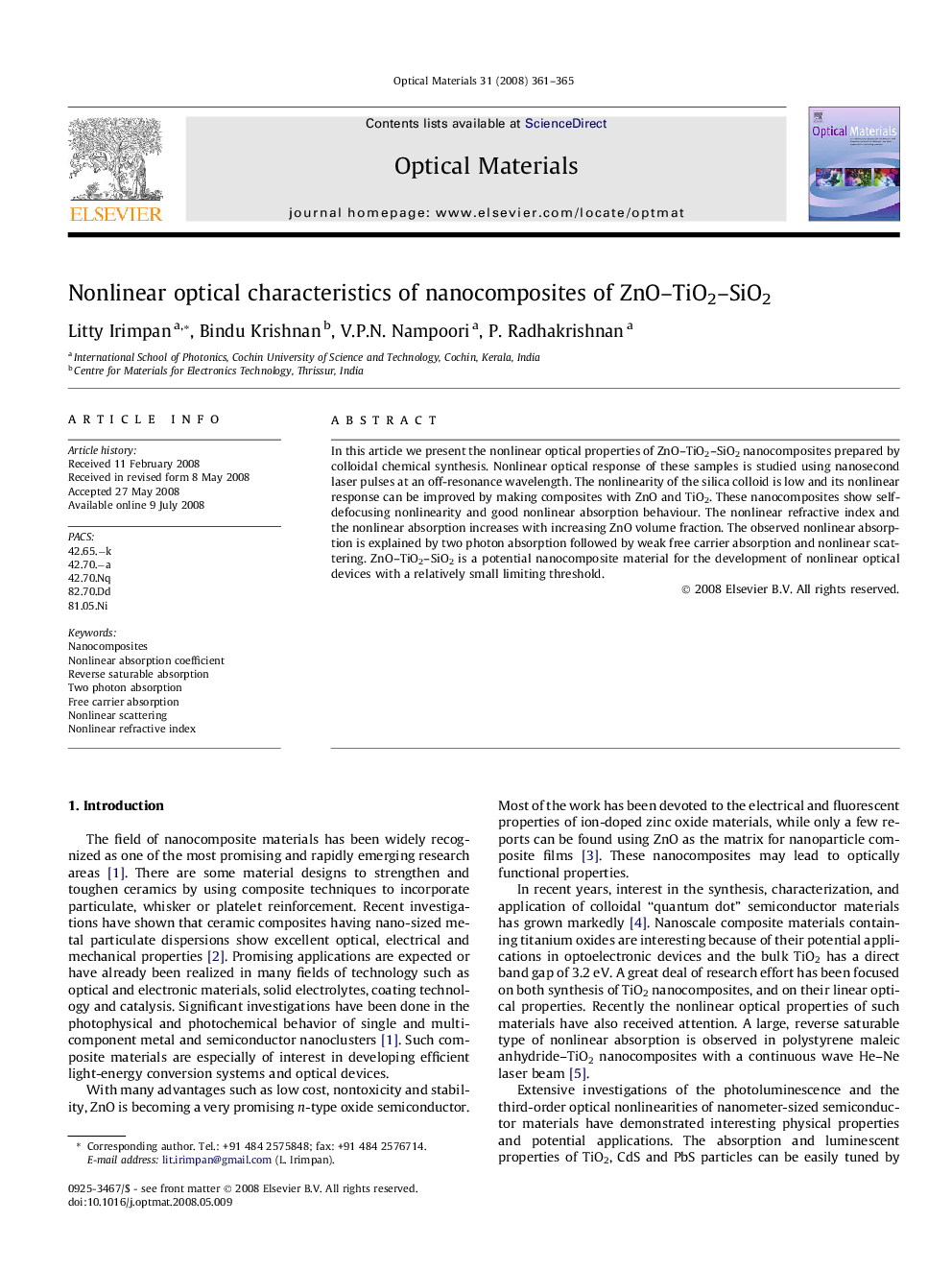 Nonlinear optical characteristics of nanocomposites of ZnO–TiO2–SiO2