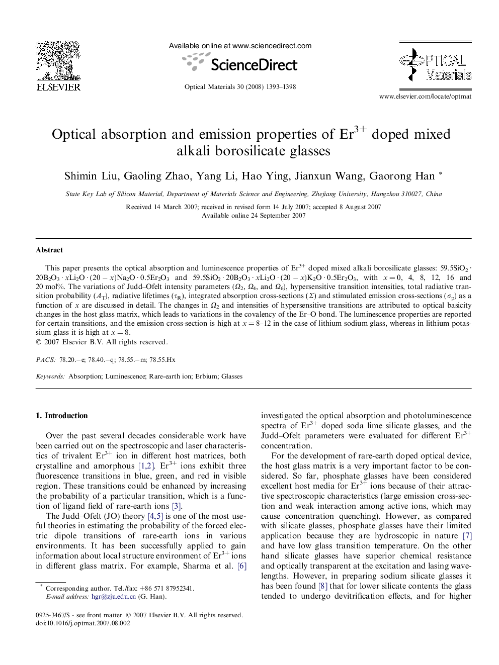 Optical absorption and emission properties of Er3+ doped mixed alkali borosilicate glasses