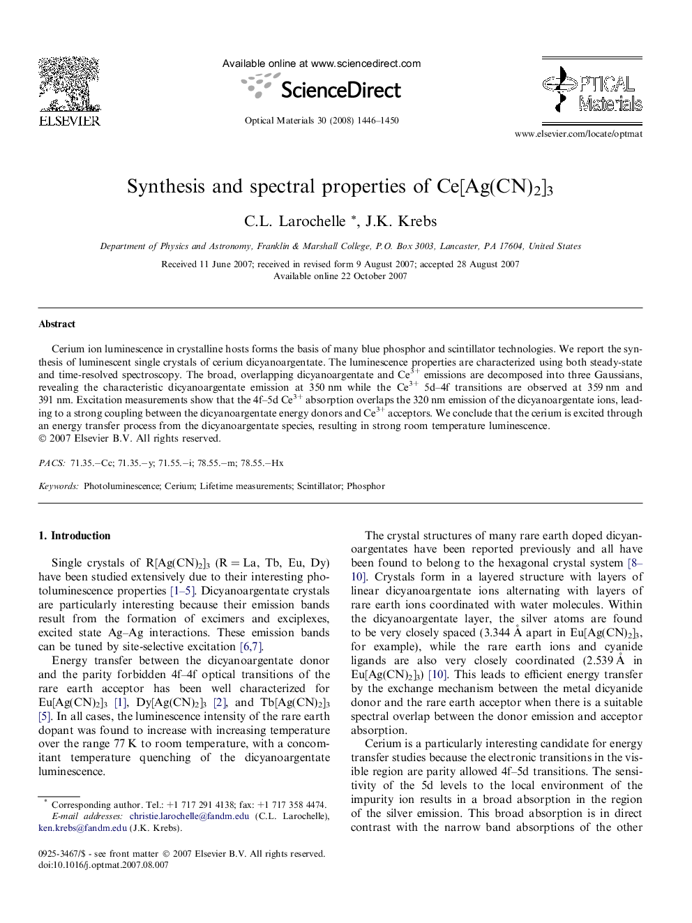 Synthesis and spectral properties of Ce[Ag(CN)2]3