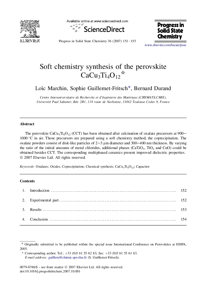 Soft chemistry synthesis of the perovskite CaCu3Ti4O12
