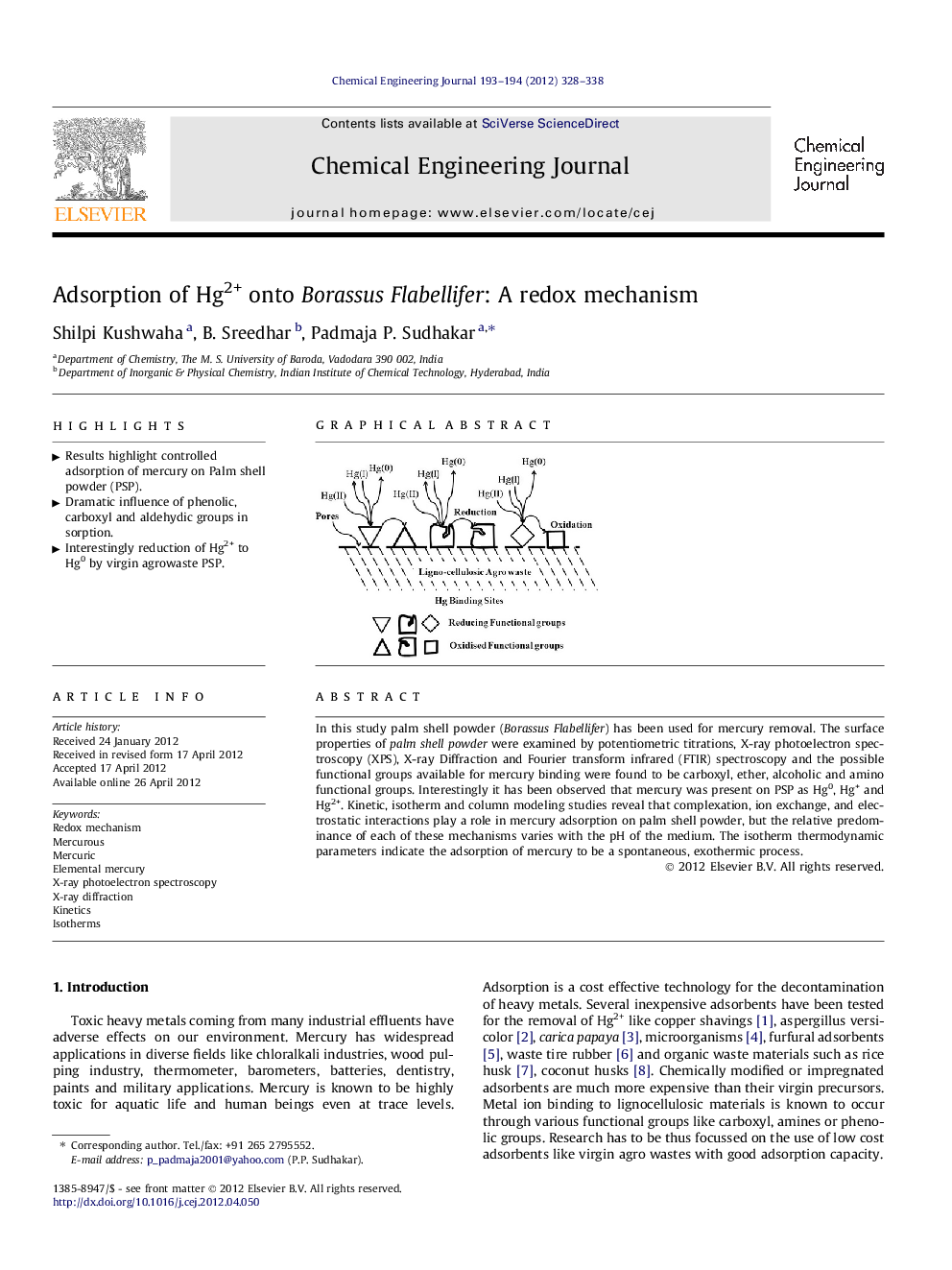 Adsorption of Hg2+ onto Borassus Flabellifer: A redox mechanism