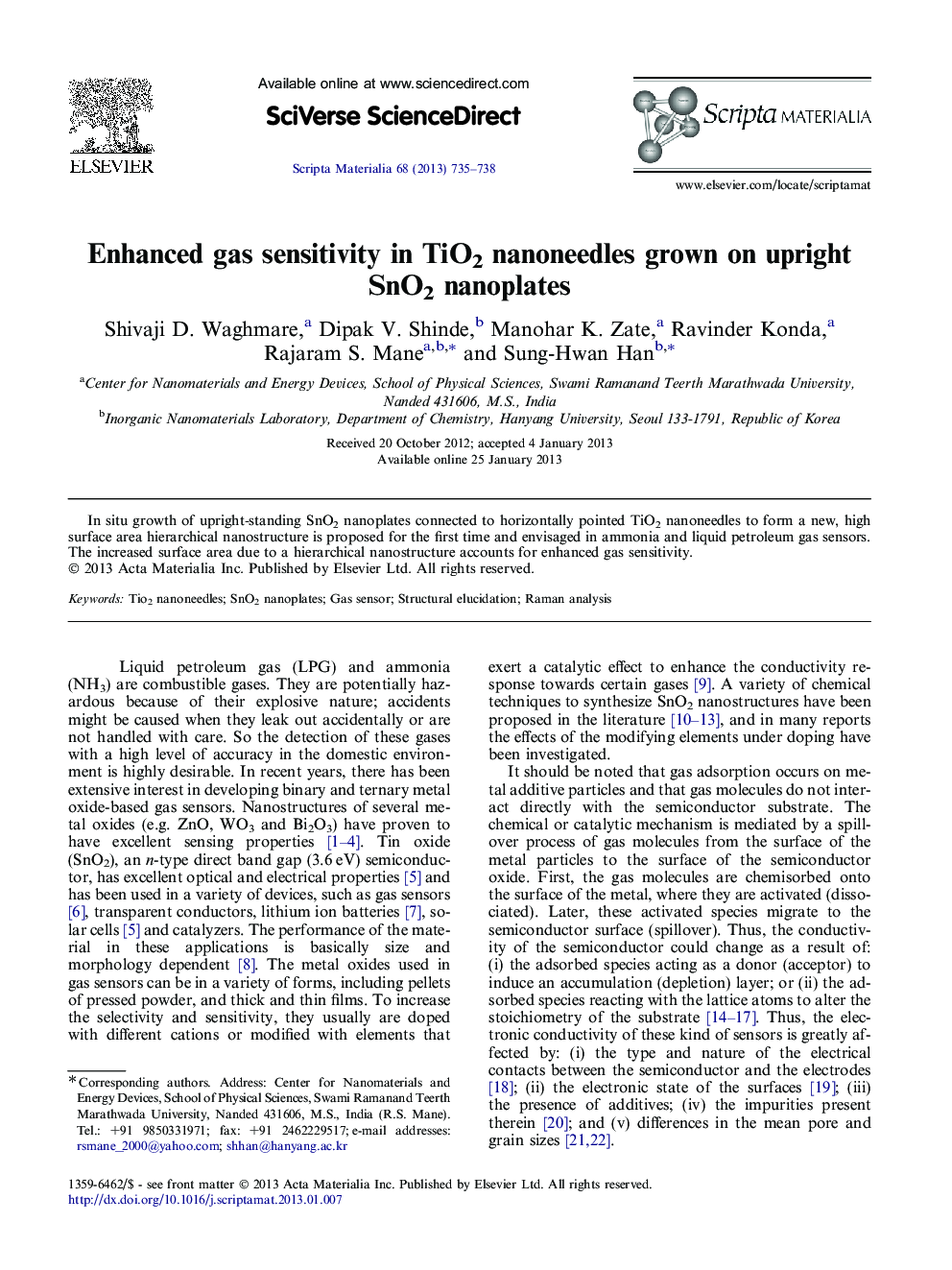 Enhanced gas sensitivity in TiO2 nanoneedles grown on upright SnO2 nanoplates