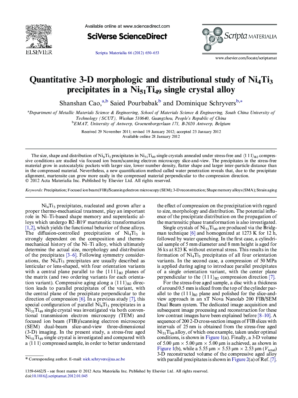 Quantitative 3-D morphologic and distributional study of Ni4Ti3 precipitates in a Ni51Ti49 single crystal alloy