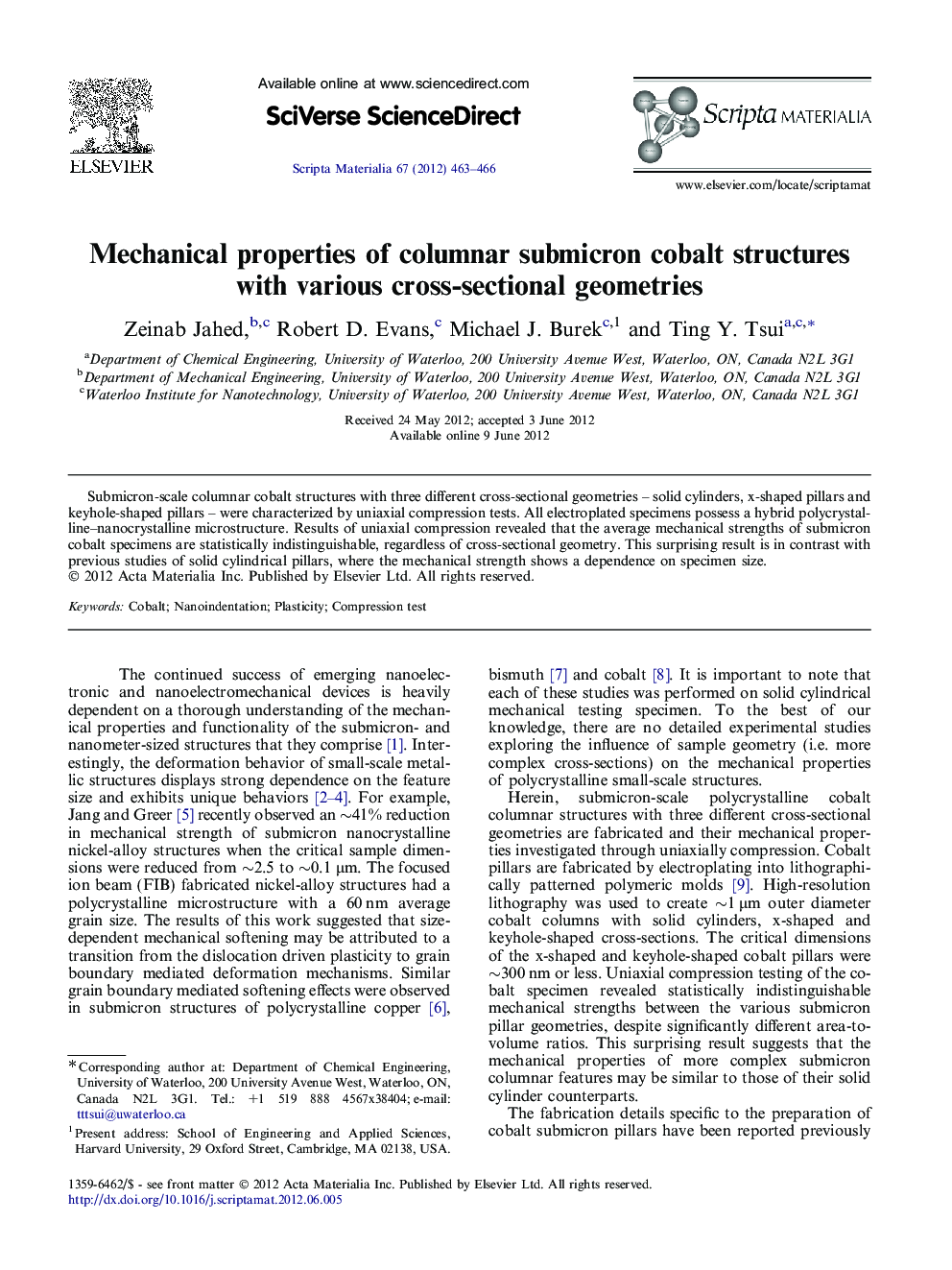 Mechanical properties of columnar submicron cobalt structures with various cross-sectional geometries