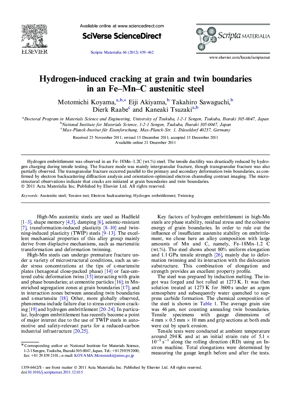 Hydrogen-induced cracking at grain and twin boundaries in an Fe–Mn–C austenitic steel