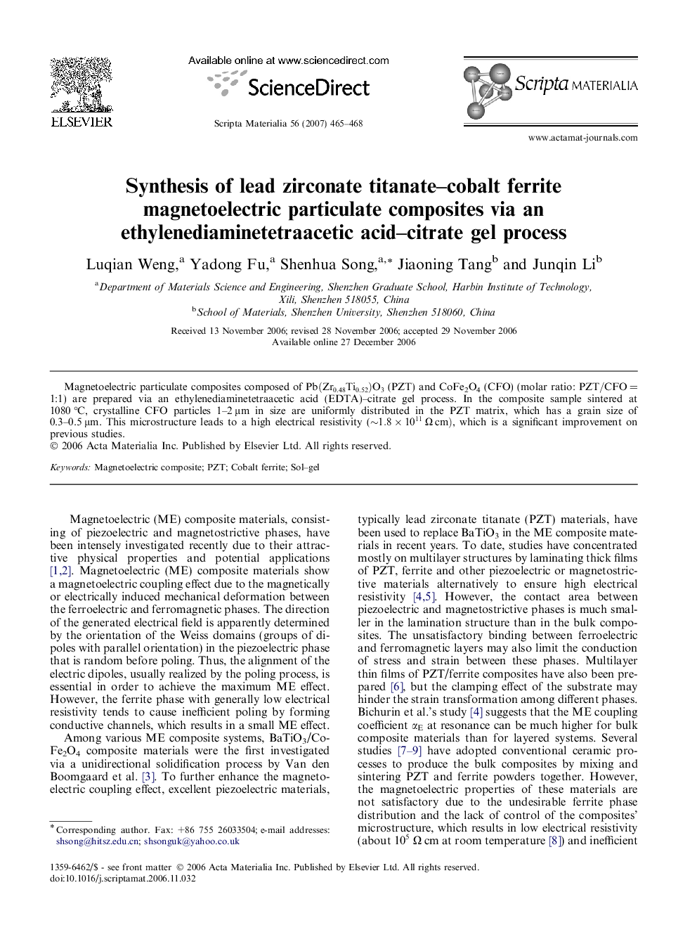 Synthesis of lead zirconate titanate–cobalt ferrite magnetoelectric particulate composites via an ethylenediaminetetraacetic acid–citrate gel process