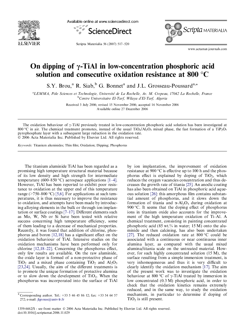 On dipping of Î³-TiAl in low-concentration phosphoric acid solution and consecutive oxidation resistance at 800Â Â°C