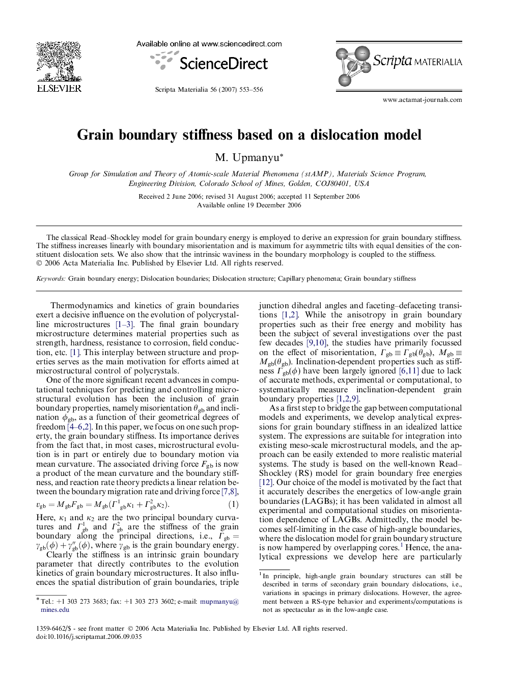 Grain boundary stiffness based on a dislocation model